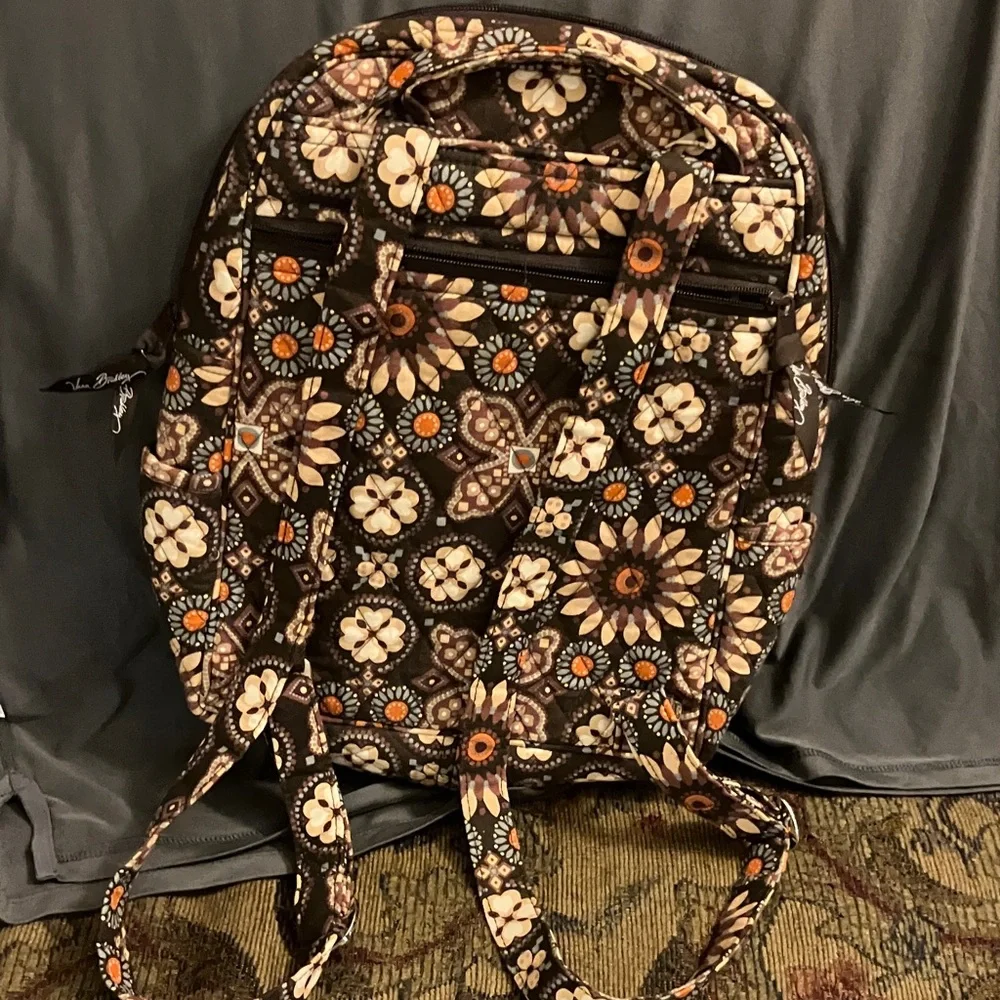 Vera Bradley Brown Floral Quilted Backpack with Orange and Cream Accents - Picture 2 of 8
